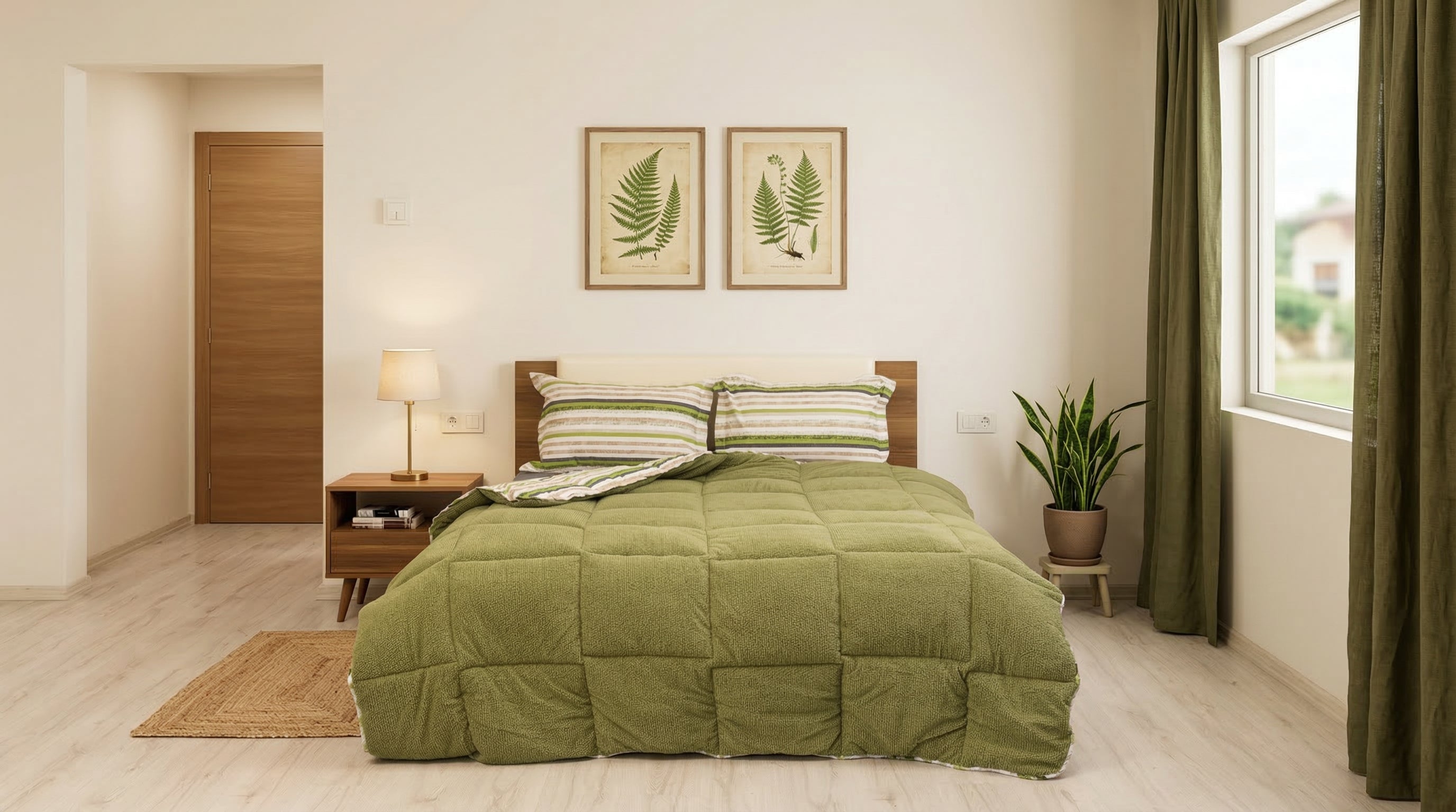 Sherpa Haki Çift Kişilik Lastikli Çarşaflı Comforter Uyku Seti