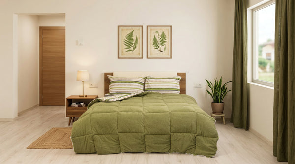 Sherpa Haki Çift Kişilik Lastikli Çarşaflı Comforter Uyku Seti