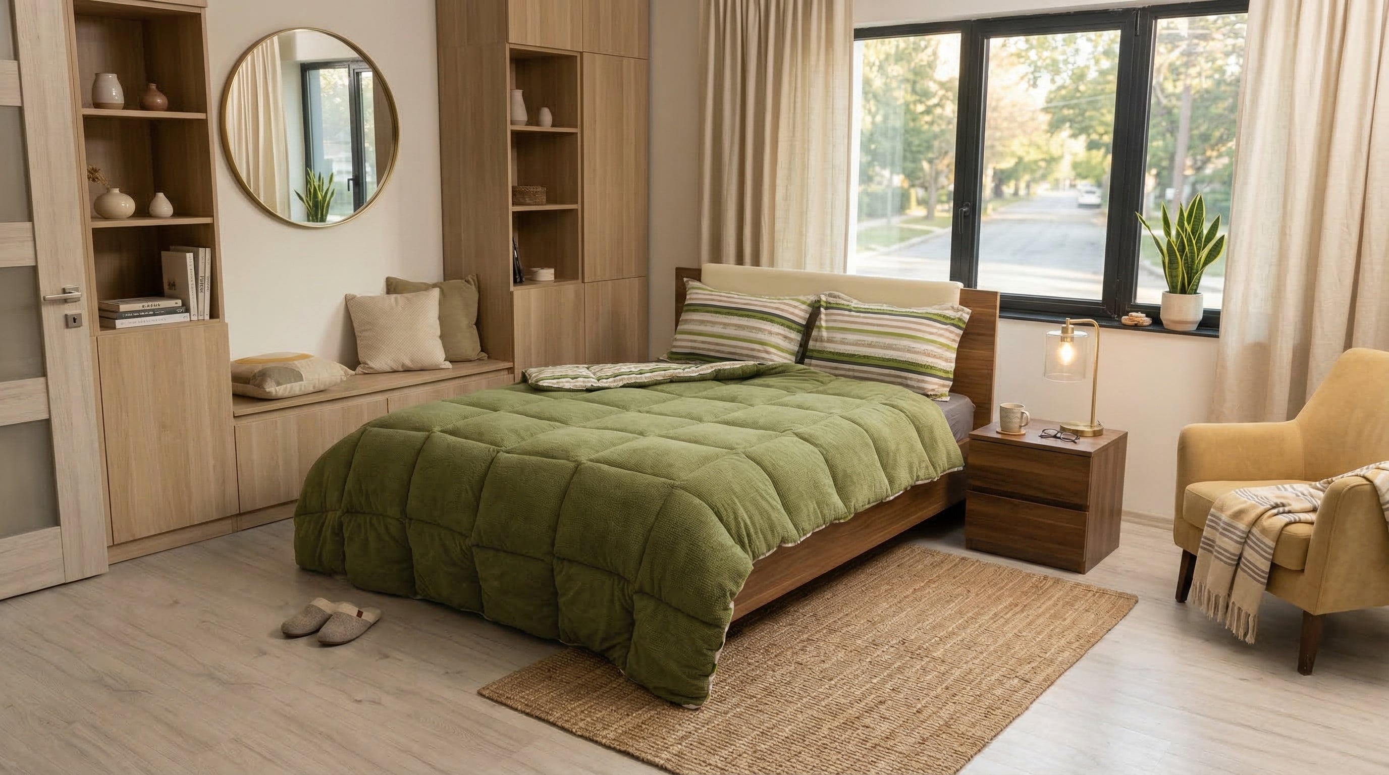 Sherpa Haki Çift Kişilik Lastikli Çarşaflı Comforter Uyku Seti